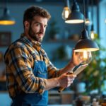 A photograph of a skilled lighting contractor installing or showcasing a variety of stylish and modern light fixtures in a well-lit