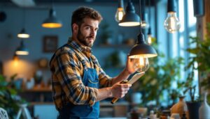A photograph of a skilled lighting contractor installing or showcasing a variety of stylish and modern light fixtures in a well-lit