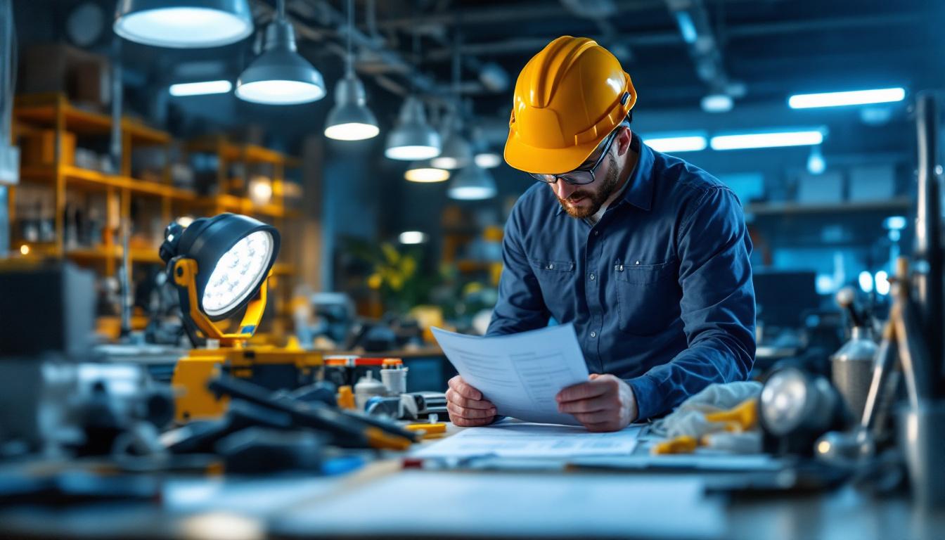 A photograph of a well-organized workspace featuring a variety of advanced lighting fixtures and tools