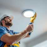A photograph of a lighting contractor skillfully installing a retrofit recessed light in a modern ceiling