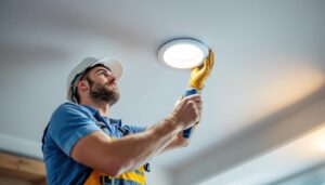 A photograph of a lighting contractor skillfully installing a retrofit recessed light in a modern ceiling