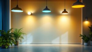 A photograph of a well-lit interior space showcasing various lighting fixtures