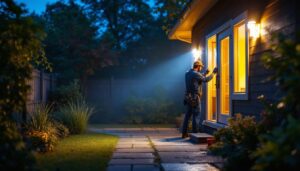 A photograph of a lighting contractor installing outdoor led floodlights in a dimly lit backyard