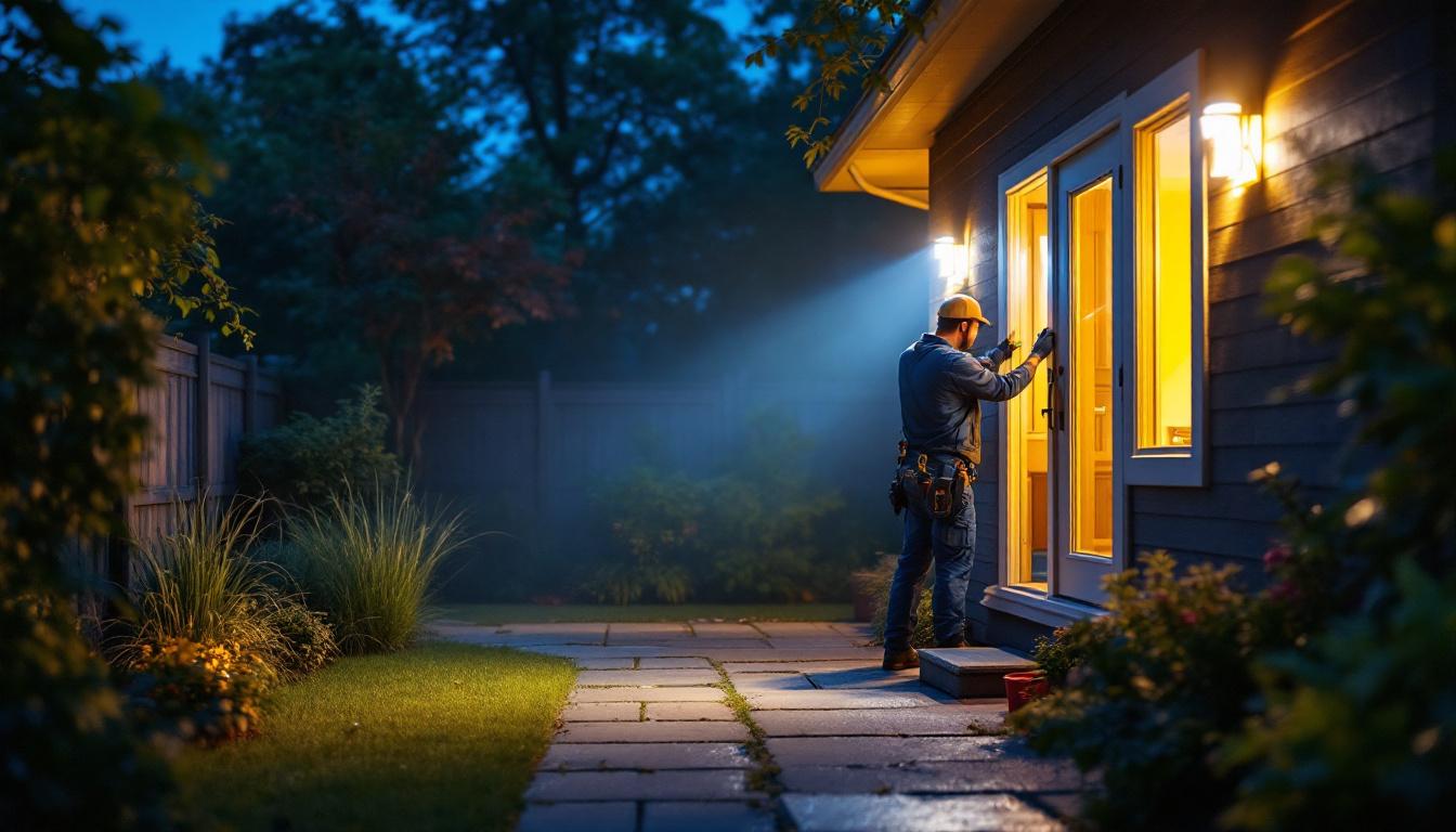 A photograph of a lighting contractor installing outdoor led floodlights in a dimly lit backyard