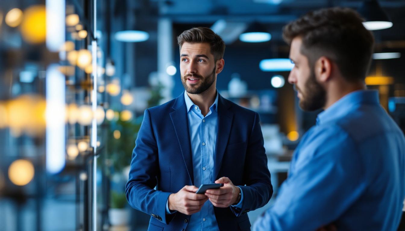A photograph of a ge lighting representative engaging with clients in a modern