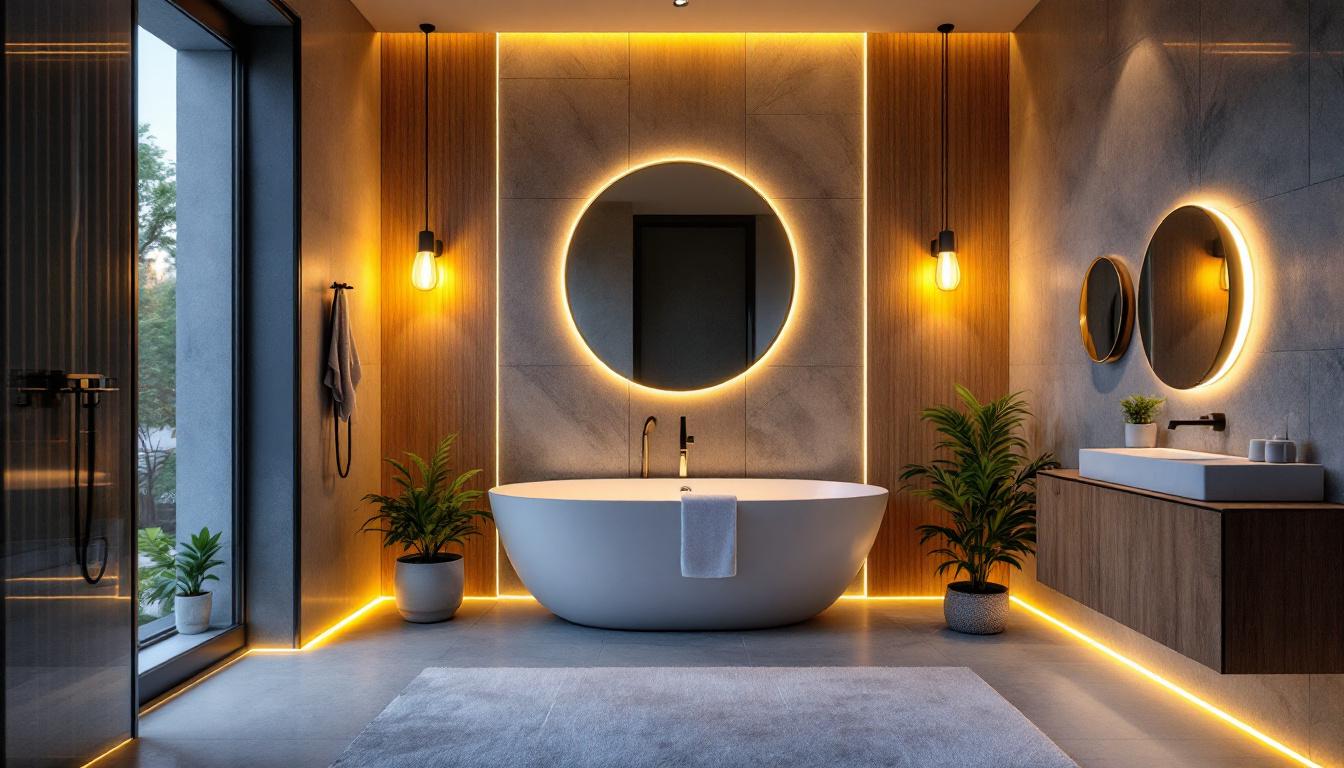 A photograph of a beautifully designed bathroom featuring stylish recessed lighting that highlights the space
