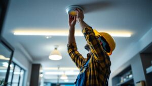 A photograph of a skilled lighting contractor installing or adjusting in-ceiling led fixtures in a modern interior space