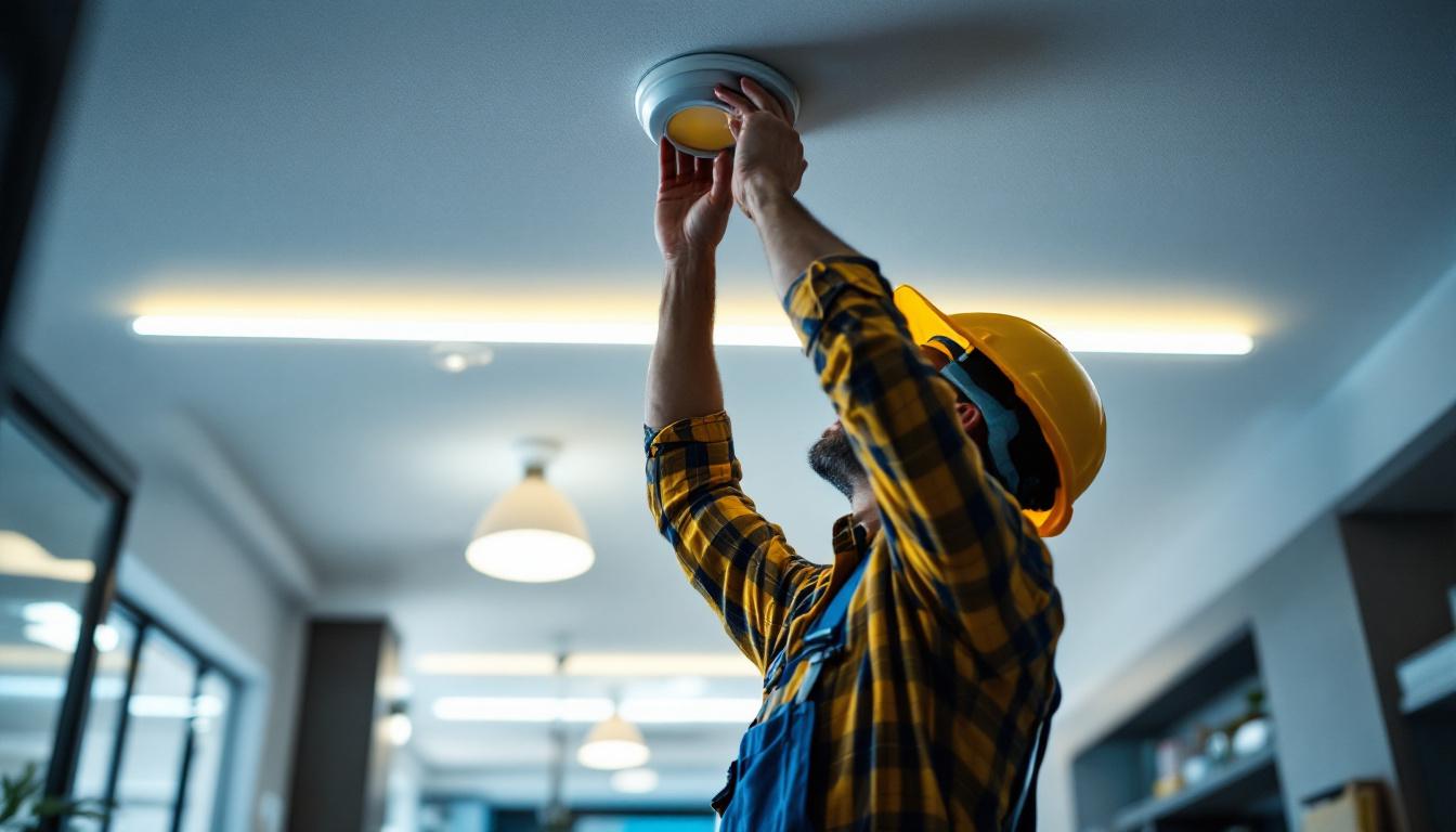 A photograph of a skilled lighting contractor installing or adjusting in-ceiling led fixtures in a modern interior space