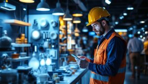 A photograph of a lighting contractor examining a well-lit outlet display in a retail setting