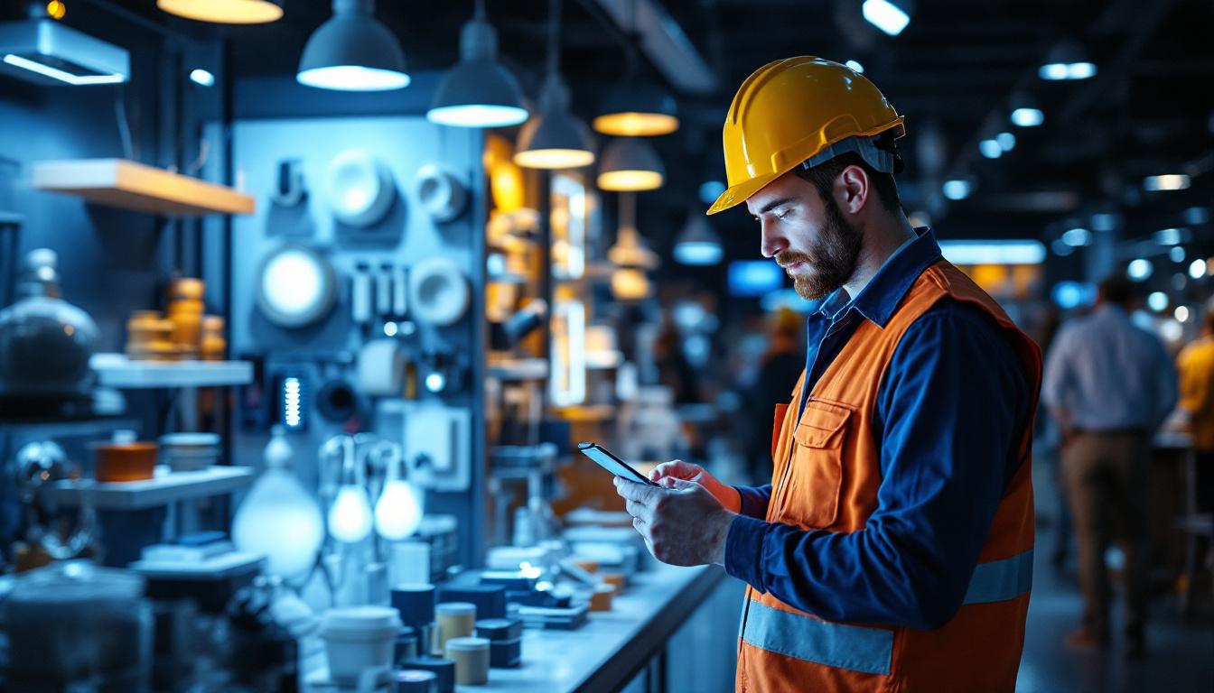 A photograph of a lighting contractor examining a well-lit outlet display in a retail setting