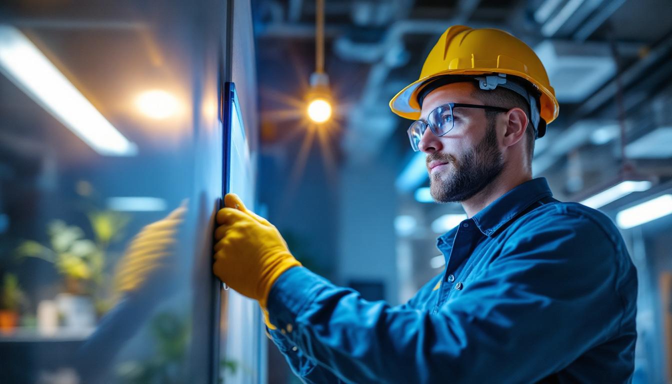 A photograph of a lighting contractor installing bright