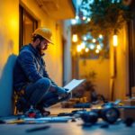 A photograph of a lighting contractor working outdoors on a project