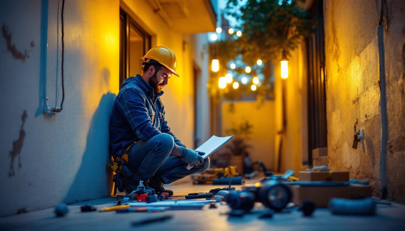 A photograph of a lighting contractor working outdoors on a project