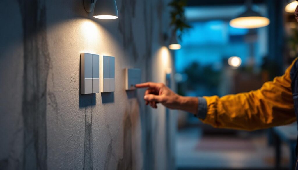 A photograph of a lighting contractor in action