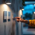 A photograph of a lighting contractor in action