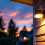 A photograph of a beautifully illuminated dusk-to-dawn flush mount outdoor light installed on a stylish home exterior
