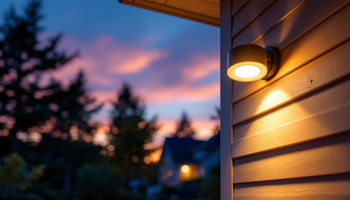 A photograph of a beautifully illuminated dusk-to-dawn flush mount outdoor light installed on a stylish home exterior