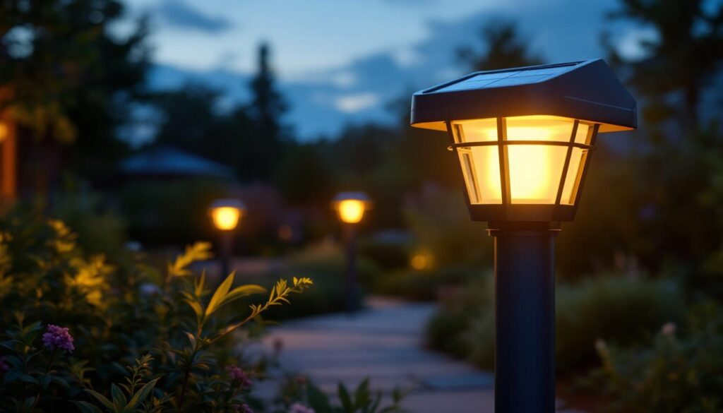A photograph of a gama sonic solar post light illuminated at dusk