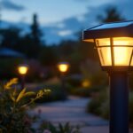 A photograph of a gama sonic solar post light illuminated at dusk
