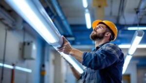 A photograph of a lighting contractor installing led fluorescent light tubes in a commercial space