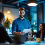 A photograph of a professional lighting contractor confidently presenting innovative lighting solutions to a diverse group of engaged clients in a well-lit