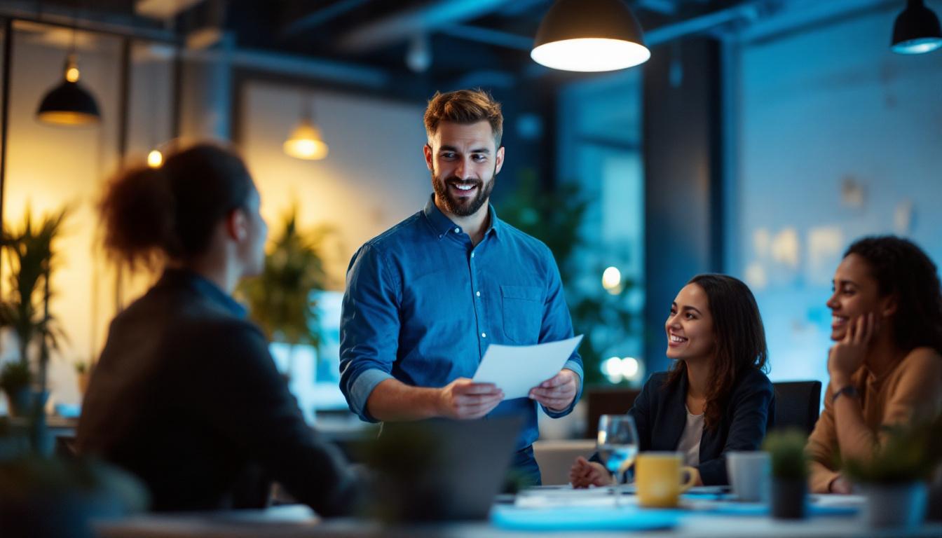 A photograph of a professional lighting contractor confidently presenting innovative lighting solutions to a diverse group of engaged clients in a well-lit