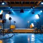 A photograph of a well-lit docking area featuring various types of professional lighting equipment in use