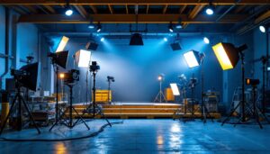 A photograph of a well-lit docking area featuring various types of professional lighting equipment in use