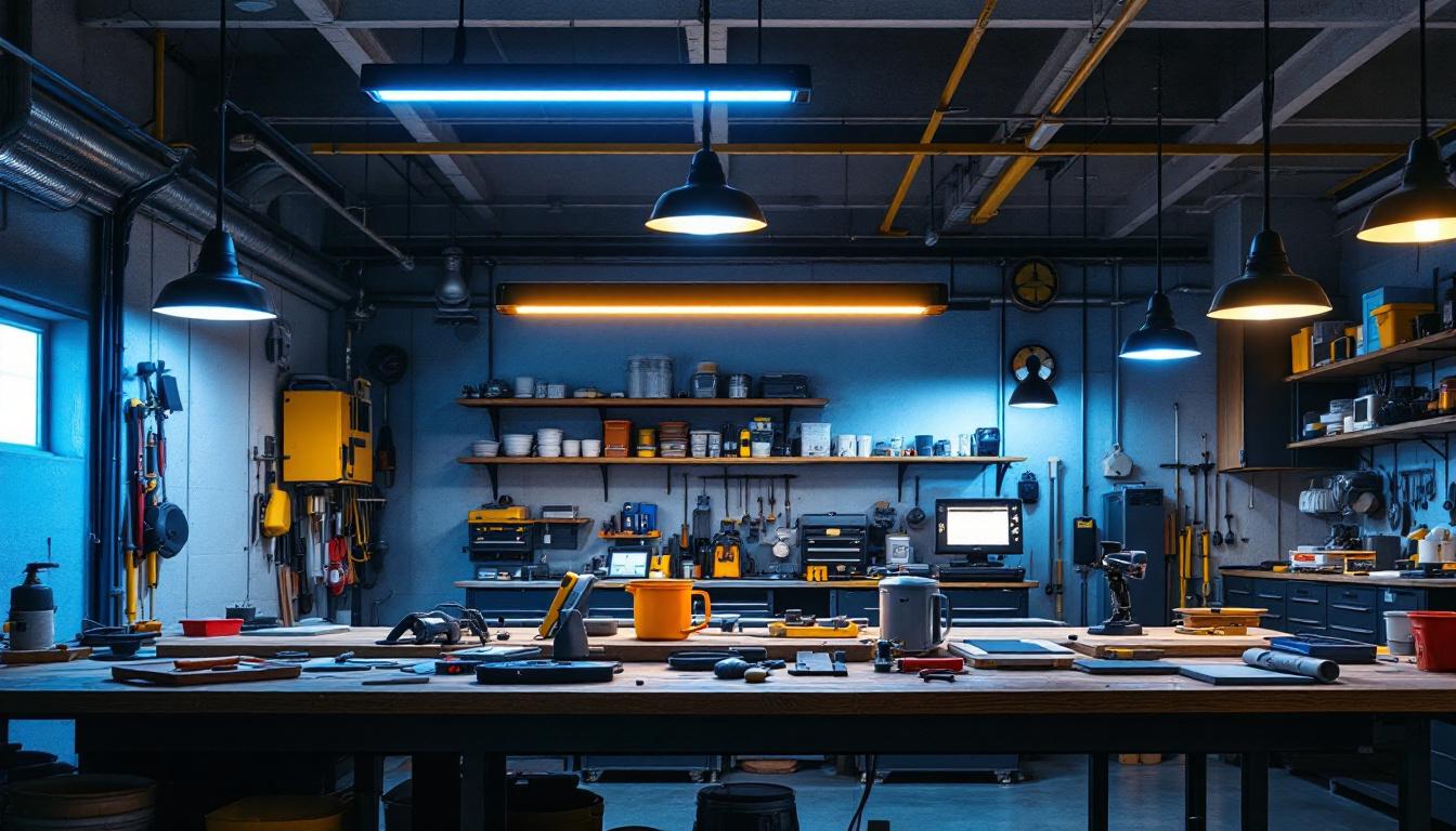 A photograph of a well-lit workshop or garage showcasing multiple 4 ft linkable led shop lights in use