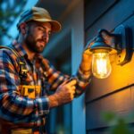 A photograph of a professional lighting contractor expertly installing an outdoor light fixture mounting plate on a home exterior