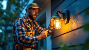A photograph of a professional lighting contractor expertly installing an outdoor light fixture mounting plate on a home exterior