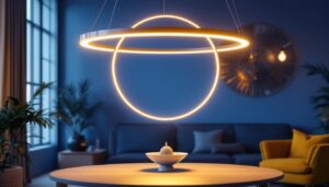 A photograph of a beautifully designed circle hanging light fixture in a stylish interior setting