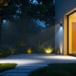 A photograph of a well-lit outdoor space featuring sensor flood lights in action