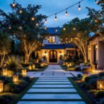A photograph of a beautifully designed outdoor space featuring an array of elegant lighting fixtures