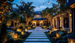 A photograph of a beautifully designed outdoor space featuring an array of elegant lighting fixtures