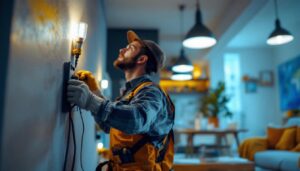 A photograph of a skilled electrician installing fld led lights in a modern residential setting