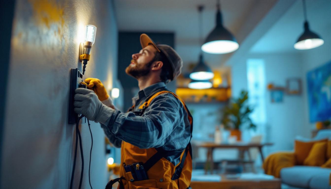 A photograph of a skilled electrician installing fld led lights in a modern residential setting
