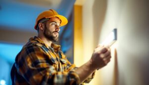 A photograph of a lighting contractor installing a 5000k led strip in a modern interior space