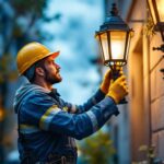 A photograph of a lighting contractor installing or adjusting a stylish lamp post in an outdoor setting