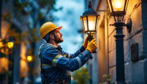 A photograph of a lighting contractor installing or adjusting a stylish lamp post in an outdoor setting