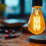 A photograph of a close-up of a flickering light bulb in a stylish lamp