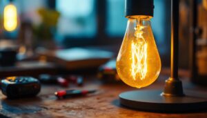 A photograph of a close-up of a flickering light bulb in a stylish lamp
