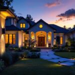 A photograph of a beautifully illuminated residential exterior at dusk