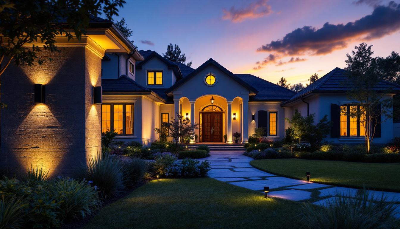 A photograph of a beautifully illuminated residential exterior at dusk