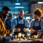 A photograph of a diverse team of professionals engaged in a hands-on training session