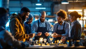 A photograph of a diverse team of professionals engaged in a hands-on training session