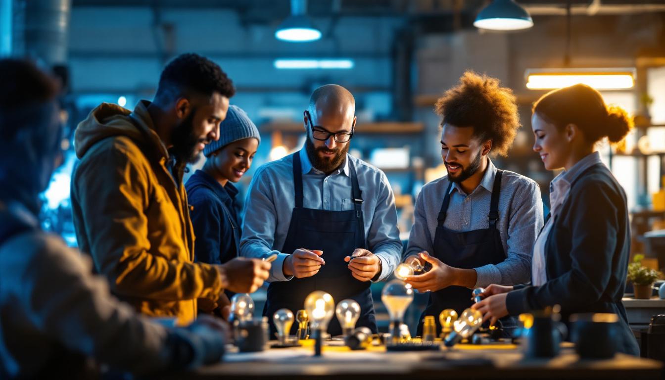 A photograph of a diverse team of professionals engaged in a hands-on training session