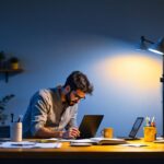 A photograph of a well-lit workspace featuring a g24 bulb installed in a stylish fixture