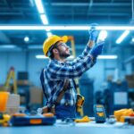 A photograph of a lighting contractor in action