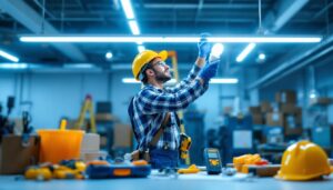 A photograph of a lighting contractor in action